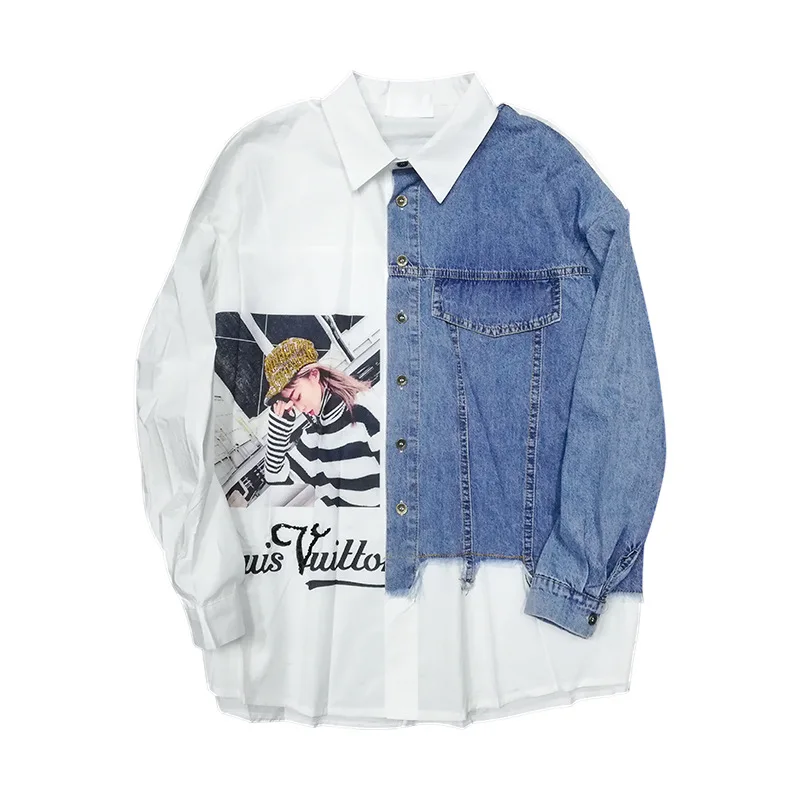 Женская тонкая джинсовая рубашка белая с длинными рукавами и принтом весна