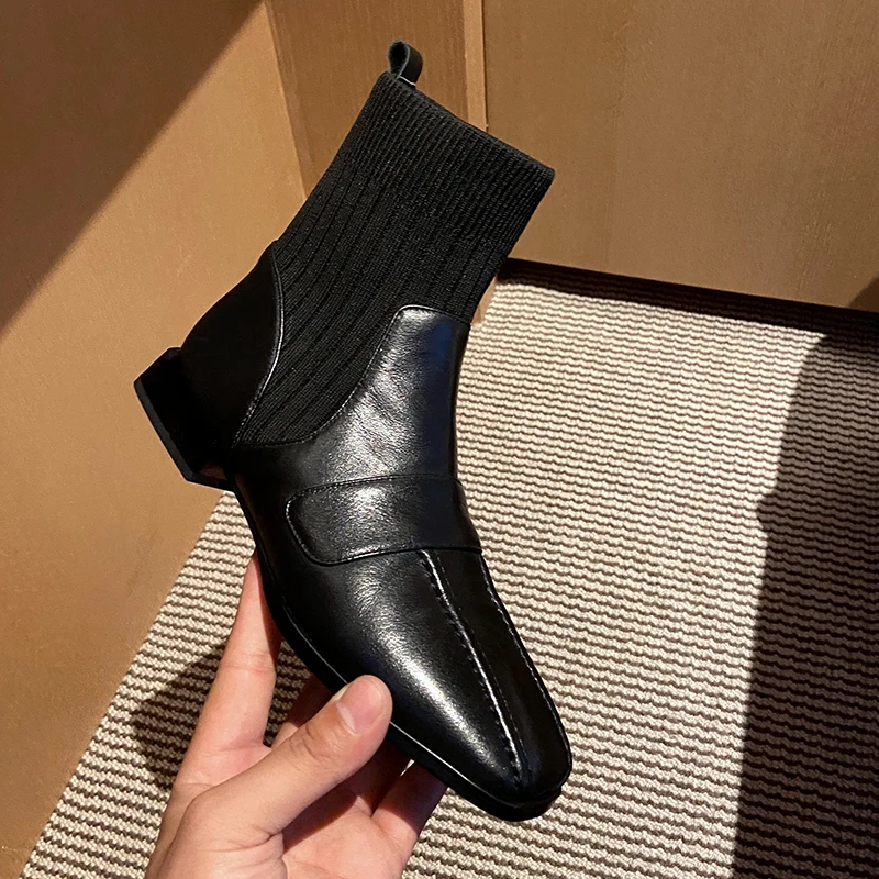 

Fashion Genuine Leather knitting ankle Boots For Women 2020 Autumn Winter Chunky low Heels Shoes Woman Working Motorcycle Boots