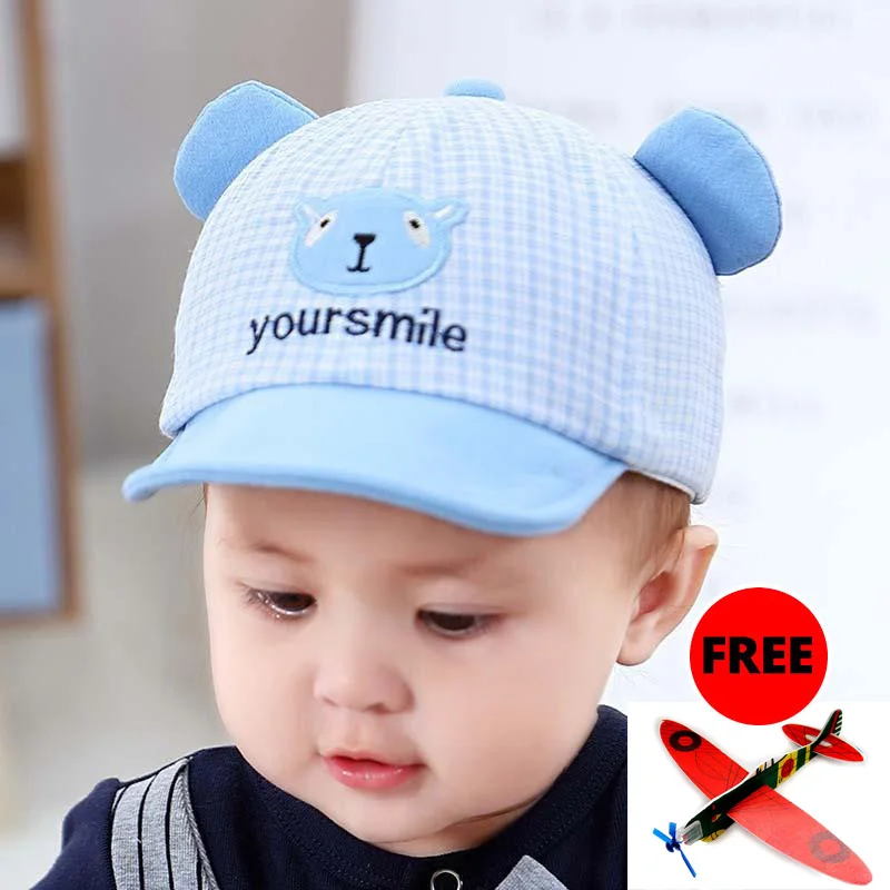 blue Милая мультяшная Детская кепка с ушками, летняя Регулируемая бейсбольная кепка для новорожденных, хлопковая шапка для маленьких девочек и мальчиков, клетчатая детская солнцезащитная Кепка - Цвет: blue