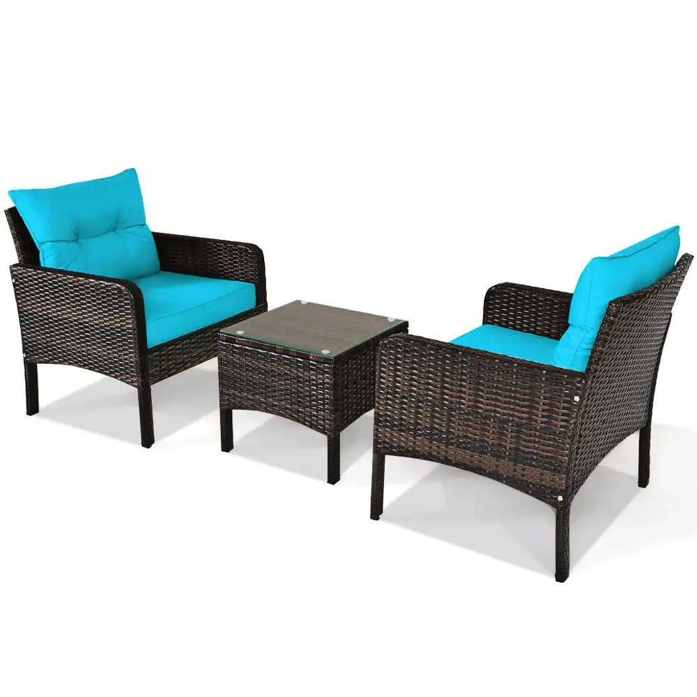 

3PCS Outdoor Rattan Conversation Set Patio Garden Cushioned Sofa Chair HW63760