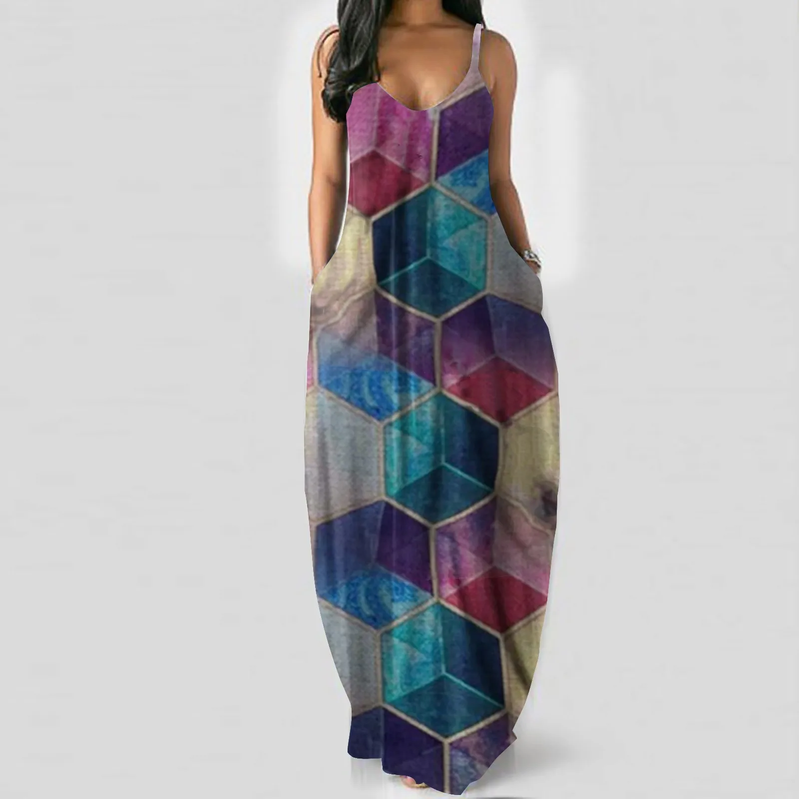 Plus Size Dress Women Polygonal Sexy Deep V Halter Long Dress Ladies Casual Dresses Abiti Da Cocktail платье летнее