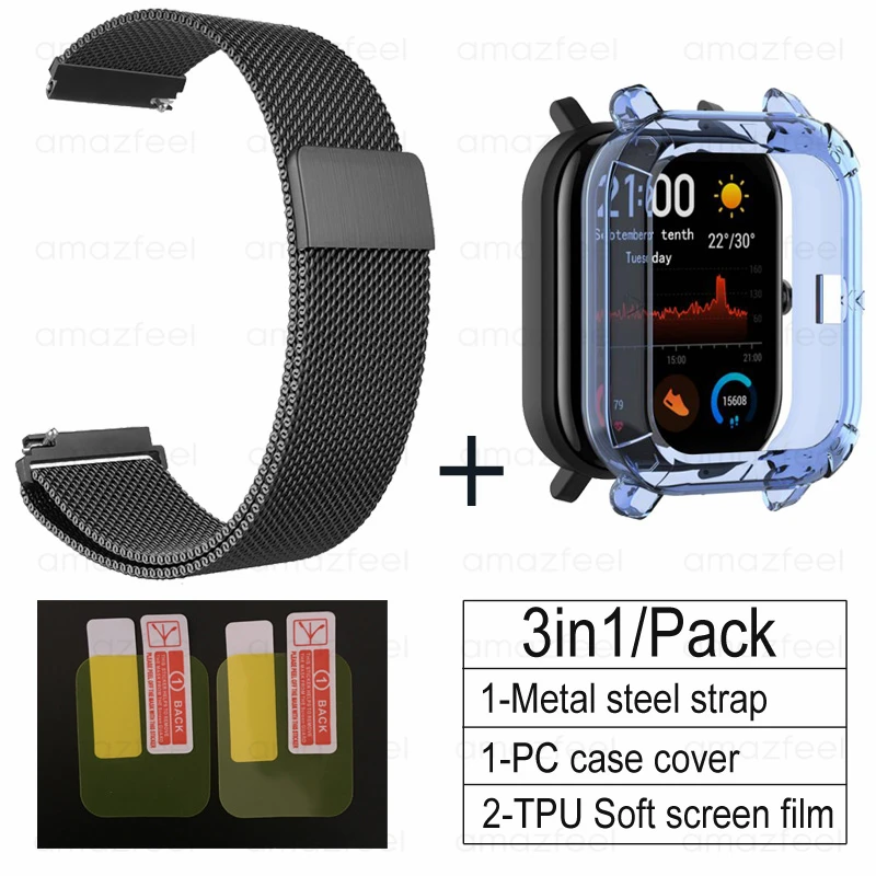 black-blue 3в1 Для Amazfit GTS ремешок+ ТПУ чехол для Huami Amazfit gts Smartwatch Защитная пленка для экрана браслет ремешок на запястье - Цвет: black-blue