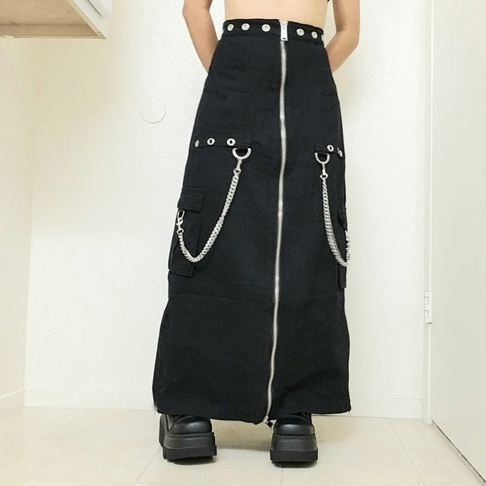 

Punk Black Goth Midi Skirt With Chain Women Fashion Knee Skirt Zipper Emo Alt Outwear 2000S 90S Streetwear E Girl Outfits