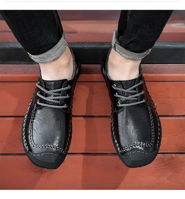 Hot Sale Leather Men Flats Shoes Hand Sewing Men Oxfords Zapatos Hombres Trendy Men Leather Lace Up Shoes High Quality Moccasins
