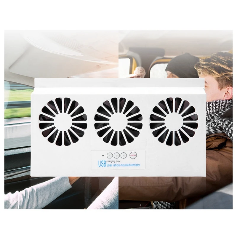 

Solar Energy Car Fan Home Portable Solar Powered USB Charging Three Air Outlet Car Ventilating Cool Down Fan