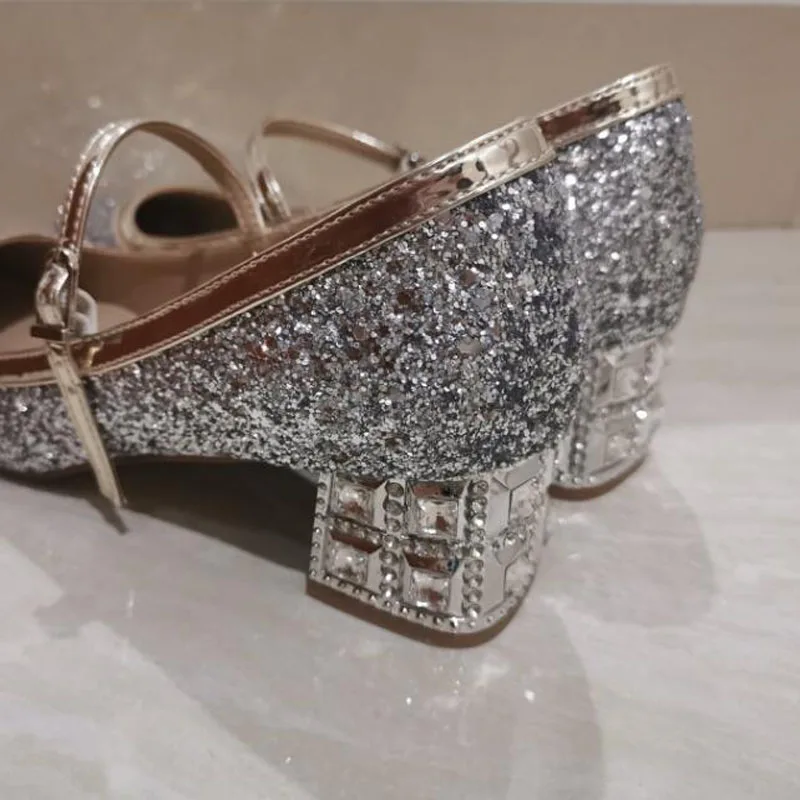 Туфли лодочки женские демисезонные на толстом высоком каблуке с серебристыми