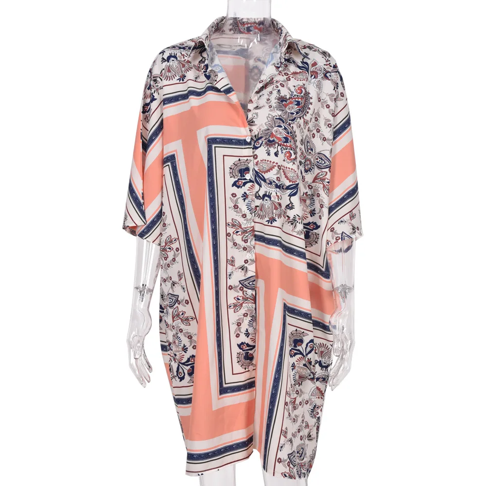 

Hot Selling Summer New Fashion Loose Casual Women Dress Three Quarter Sleeve Geometric Stylish Dress Vestido De Mujer BC003