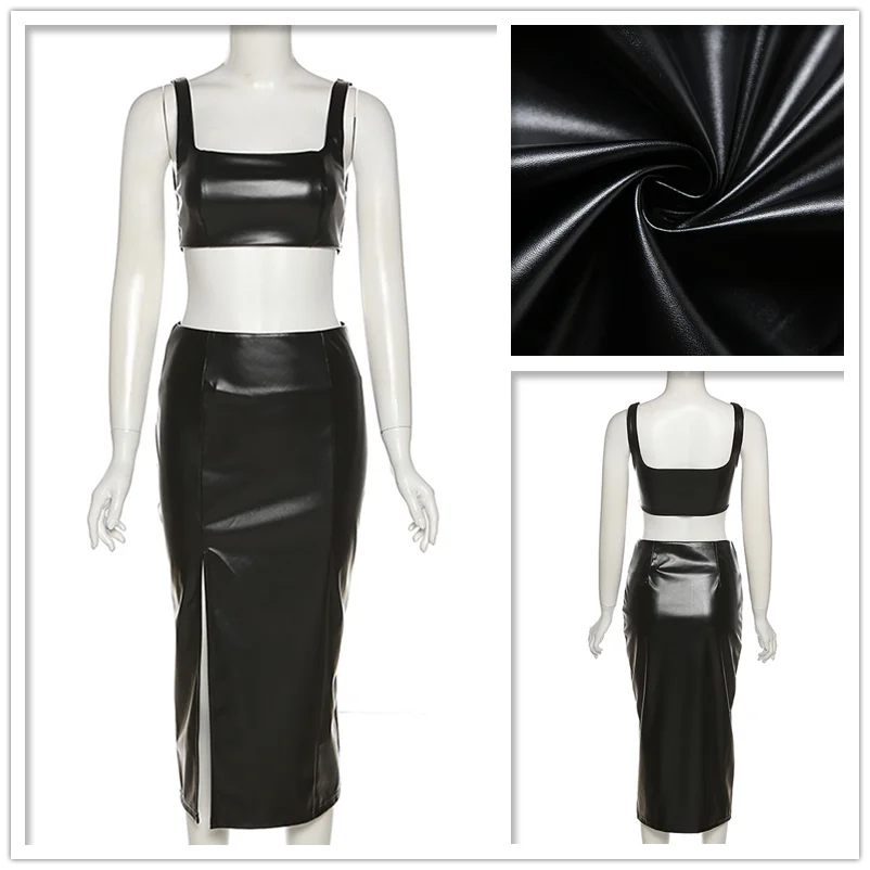 Женский костюм-двойка из искусственной кожи на тонких бретелях и с длинной юбкой