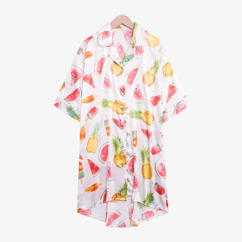 

Women's Silk Nightgown Spring Summer Button Down Lovely Sleepdress Satin 3/4 Sleeve Fruits Nightdress