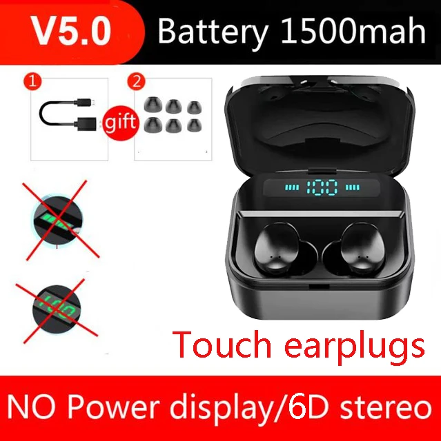 CBAOOO TWS 5,0 Bluetooth гарнитура 5D стерео беспроводные наушники мини спортивные наушники водонепроницаемые громкой связи с Мощный светодиодный дисплей - Цвет: Touch earplugs