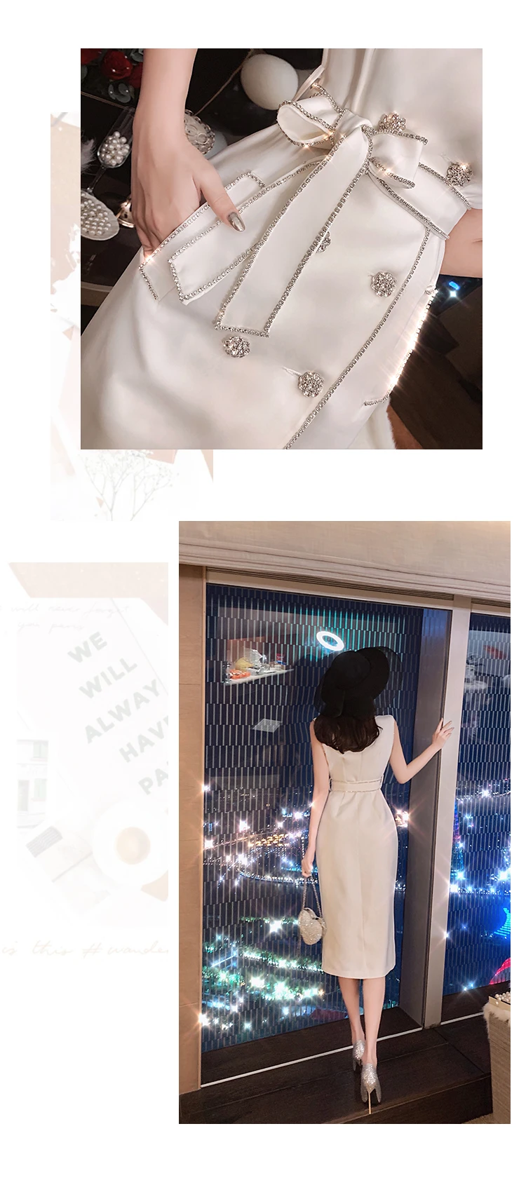 Fashion Autumn Celebrity Lady's Water Drilled Diamond Double-breasted Suit Dress Slim Shiny Women Blazer Dress