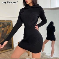 women long sleeve knitted hooded dress 2021new autumn winter slim package hip bodycon dresses party vintage sexy female elegant