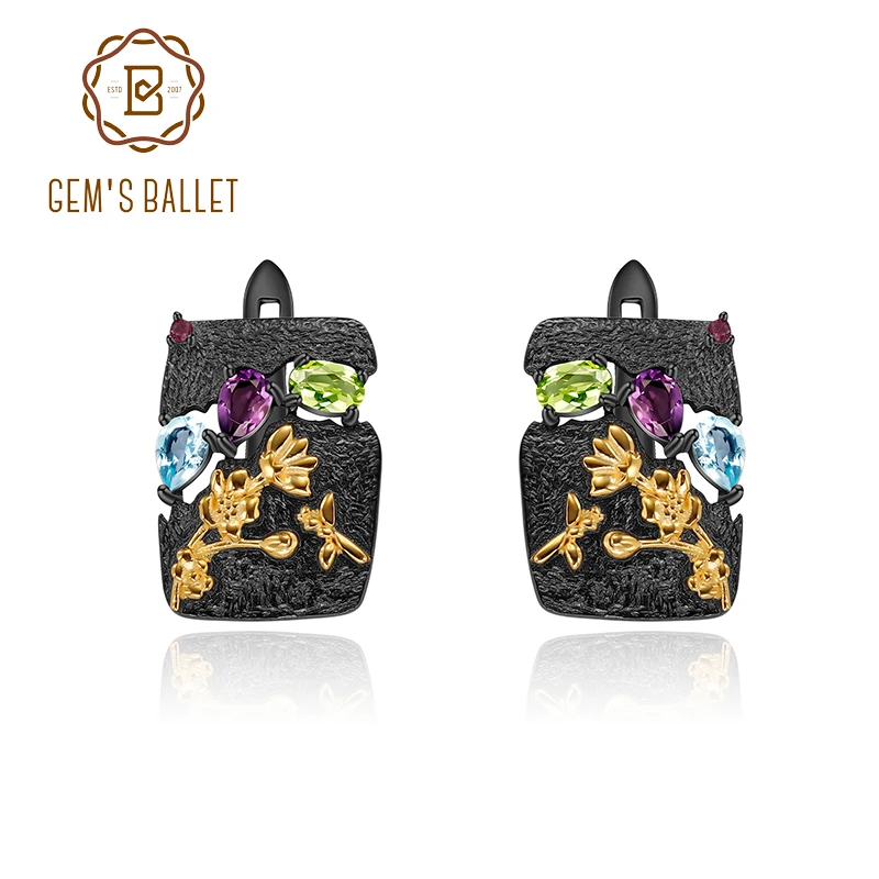 Женские серьги Клипсы из серебра 925 пробы с разноцветными камнями|Серьги-клипсы| |