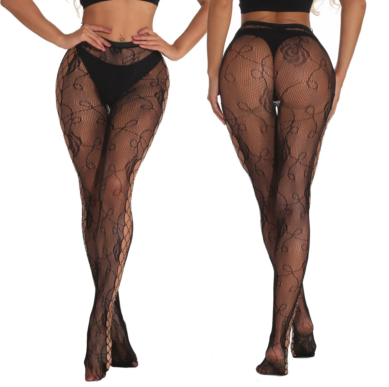 

New Sexy Mesh Lace Women Sheer Rhinestone Hollow Out Fishnet Lingerie Dress Christmas Thigh Stocking Pantyhose