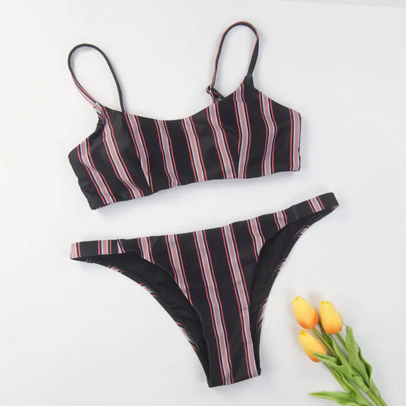 2020 новое летнее женское полосатое бикини Зеленый однотонный пуш-ап бюстгальтер