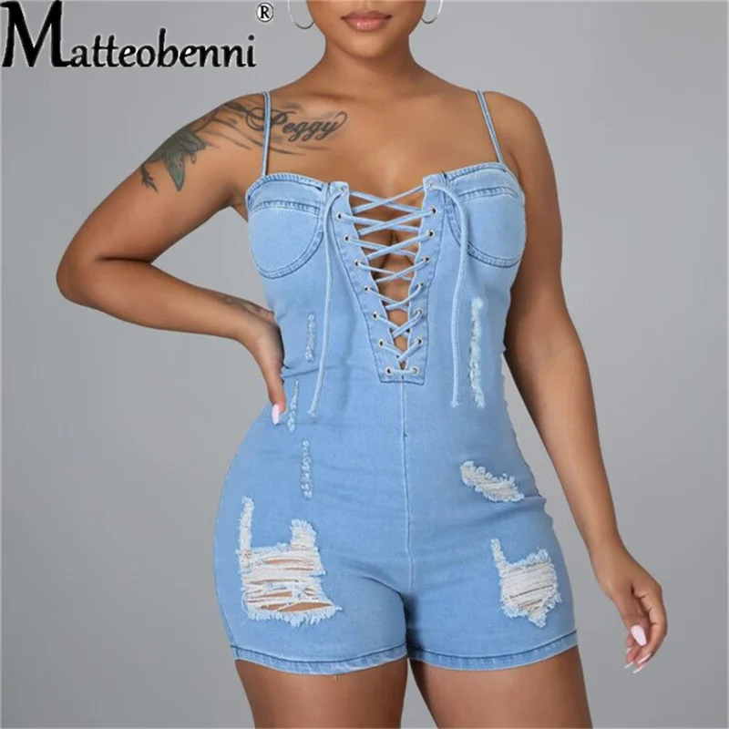 

2021 Solid Color Ripped Sling Sexy Backless Jumpsuit Women Denim Overalls Hole Jeans Fashion Rompers Zipper Hollow Out Bodysuits