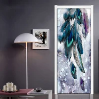 diy creative self adhesive 3d door sticker modern fashion color feather living room bedroom door mural pvc waterproof wall paper