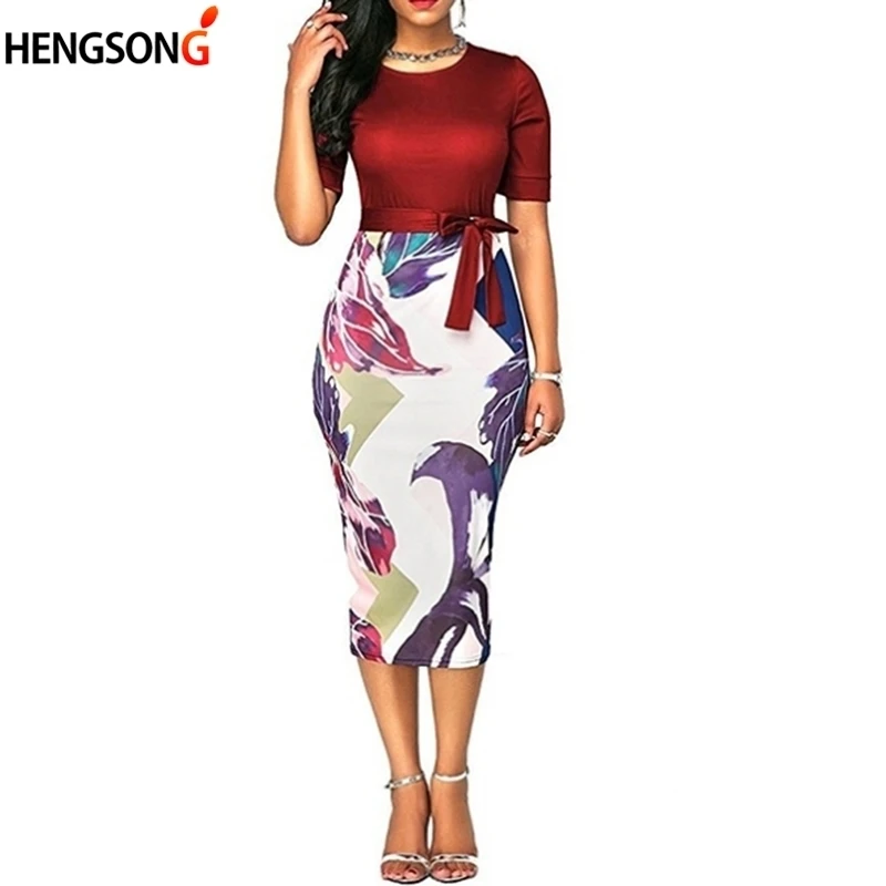 Потрясающий короткий рукав с бантом печати оболочка сексуальное офисное женское