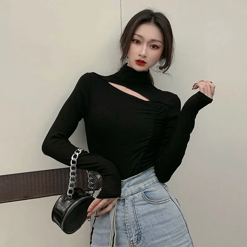 

Woman Tshirts Turtleneck Hollow Out Spring Autumn Tees Korean Fashion Ladies Tops Slim Black Long Sleeve Crop Top Female