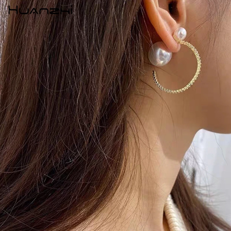 HUANZHI Модные Золотые круглые геометрические милые двусторонние серьги с