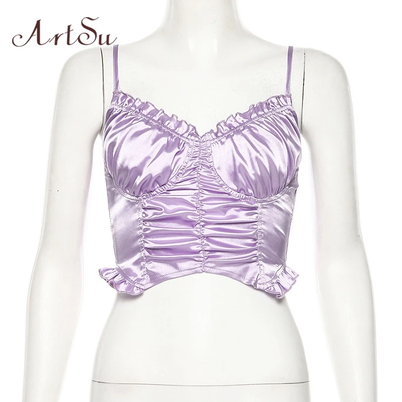 Purple ArtSu фиолетовый топ с бретельками, сексуальные топы с открытыми плечами, Женские топы с открытой спиной и рюшами, топ-бюстье, женская уличная одежда ASVE20910 - Color: Purple