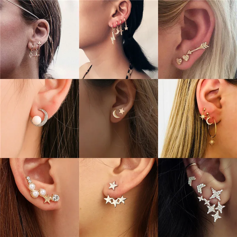 

Luokey 2020 Small Moon Star Stud Earrings For Women Alloy Rhinestone Dainty Party Girls Piercing Earrings Female Earings Jewelry
