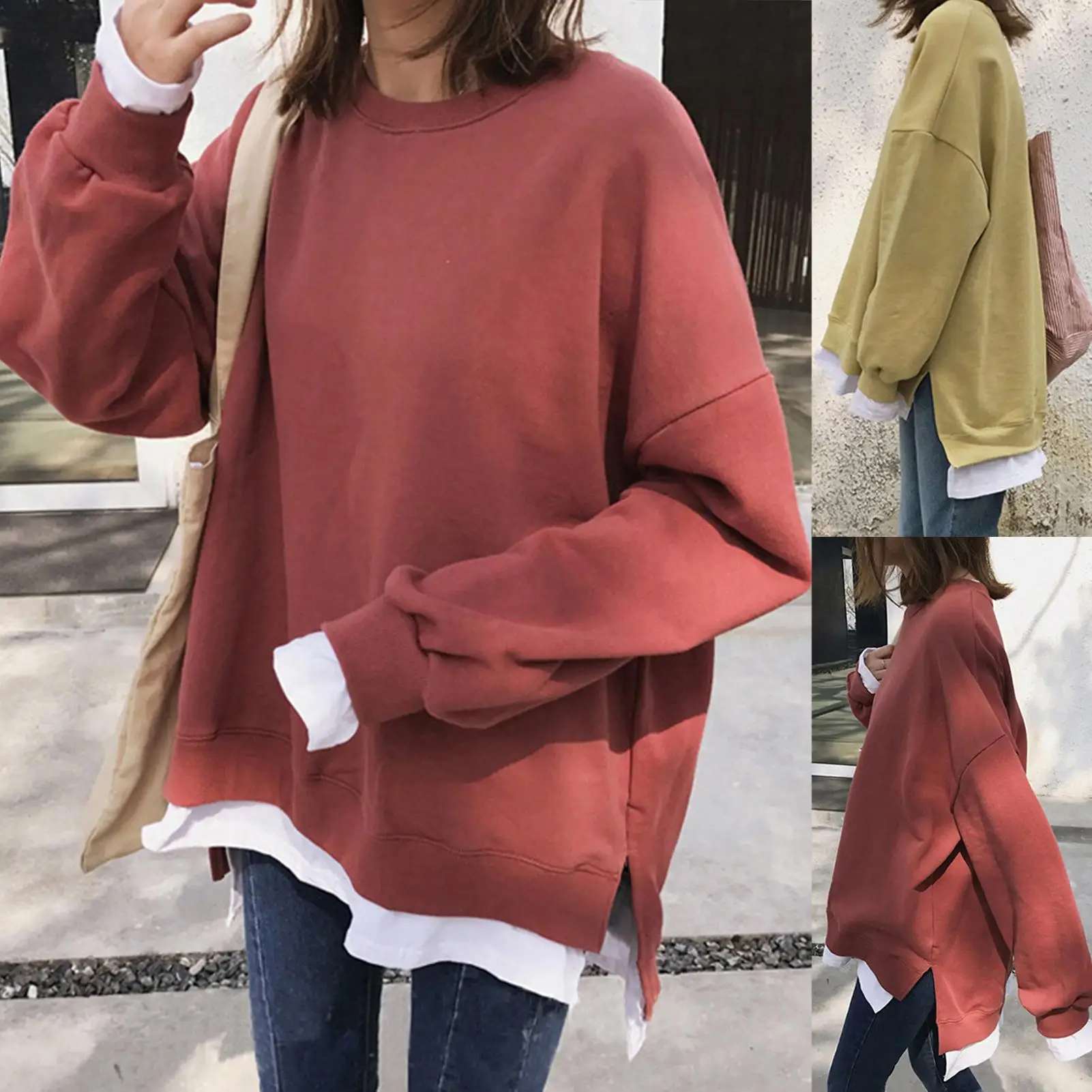 

New Stylish Women Autumn Large Size Long Sleeve Fake Two Piece Plush Sweatshirt Split Hem Blouse Pullover Tops