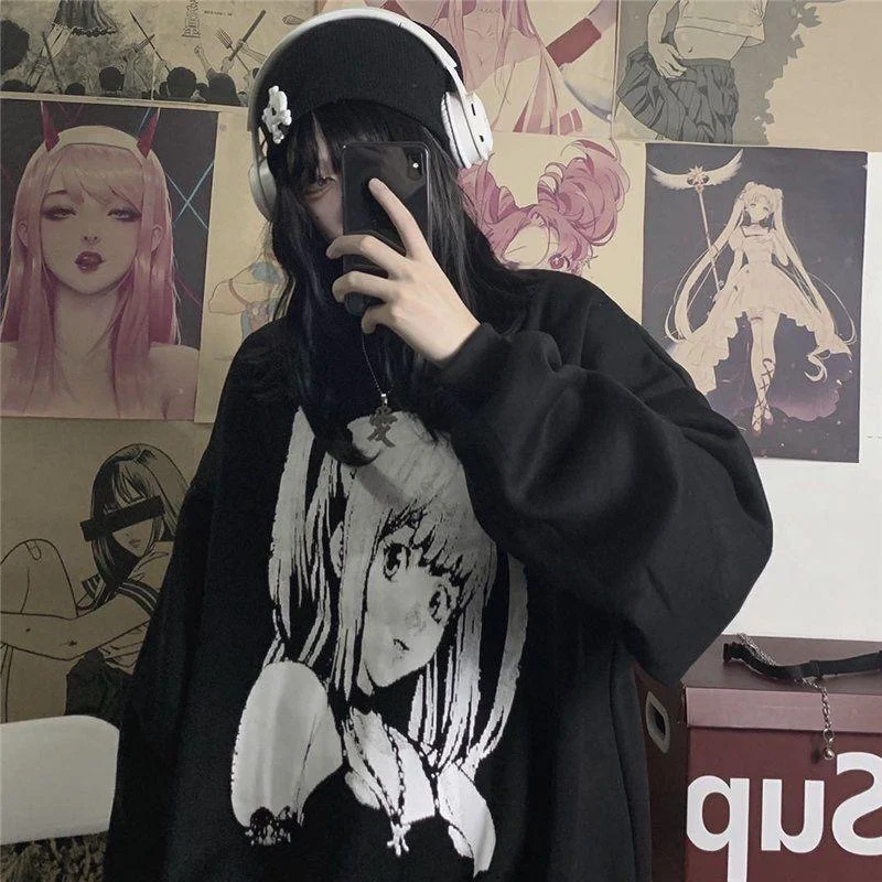

HOUZHOU Hip Hop Streetwear Anime Hoodies Women Harajuku Vintage Retro Japanese Style Oversized Winter Warm Pullovers Gothic