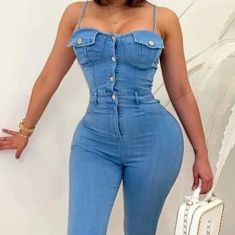 

Женские однотонные облегающие комбинезоны Wepbel, джинсовый комбинезон без рукавов с низким вырезом, Облегающий комбинезон с высокой талией