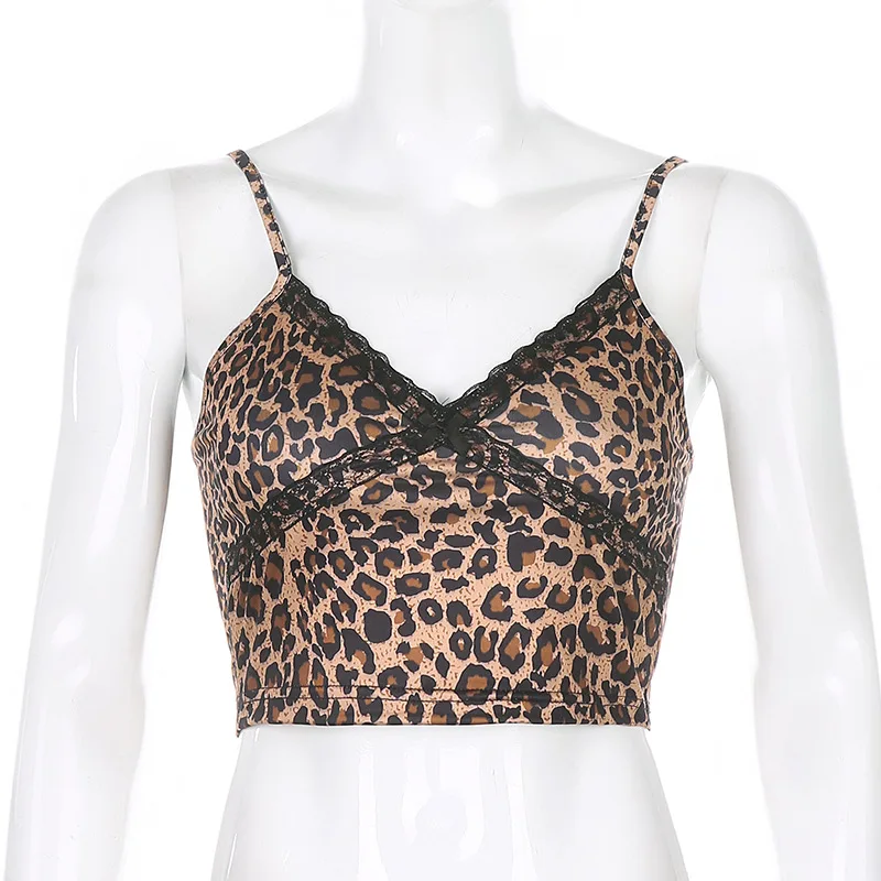 

Y2K Aesthetic Cami Tops Leopard Printed Cross Lace E-girl Style Women Spaghetti Strap Bow Backless Crop Top Rave Party Wear