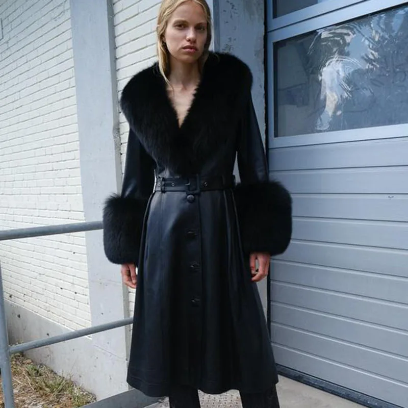 

Tie Belt Waist Faux Leather Fashion Solid Buttons Women Elegant Long PU Jackets