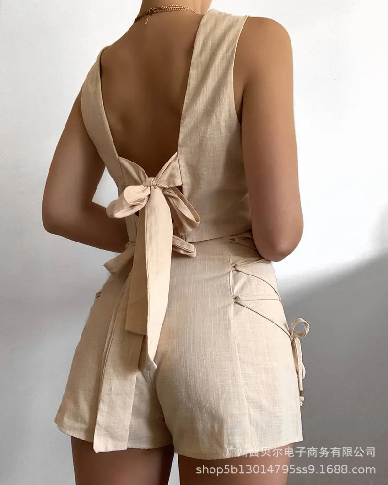

WEPBEL Women Summer Elegant Tracksuit Outfits Ladies Fashion Sleeveless Halter Bow Tie Crop Top + Side Bandage Shorts Suit Set