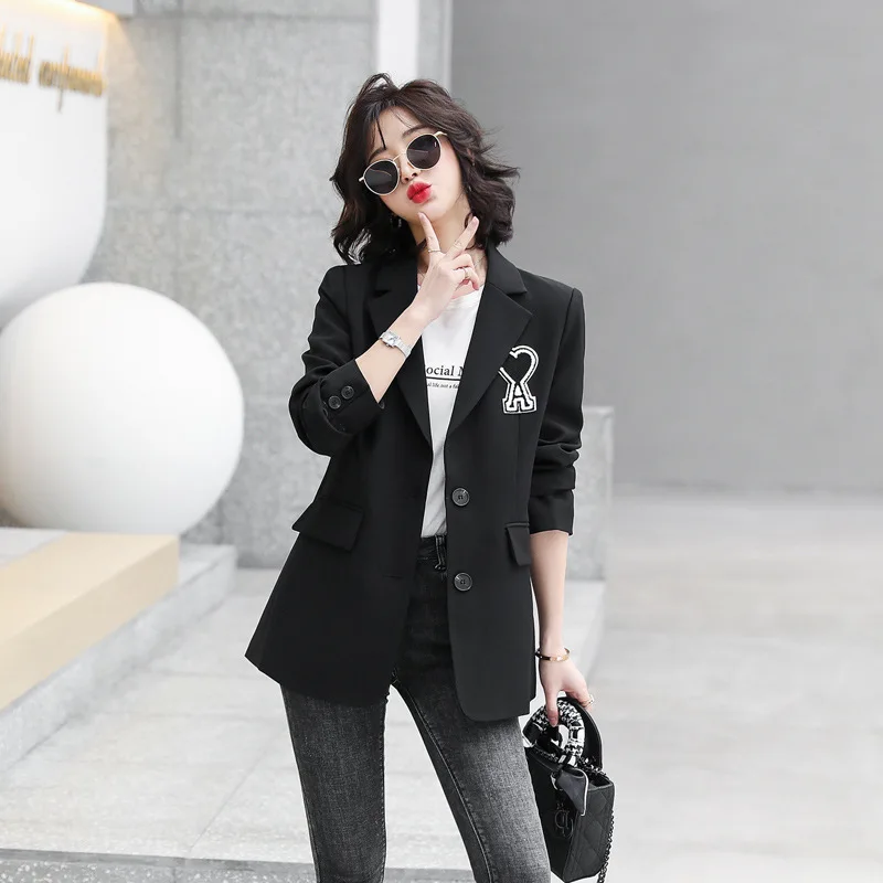 Office Lady Spring Simple Straight Mujer Blazers Jackets Black Blazer Women Slim Letter Fashion Single Breasted Business Coats