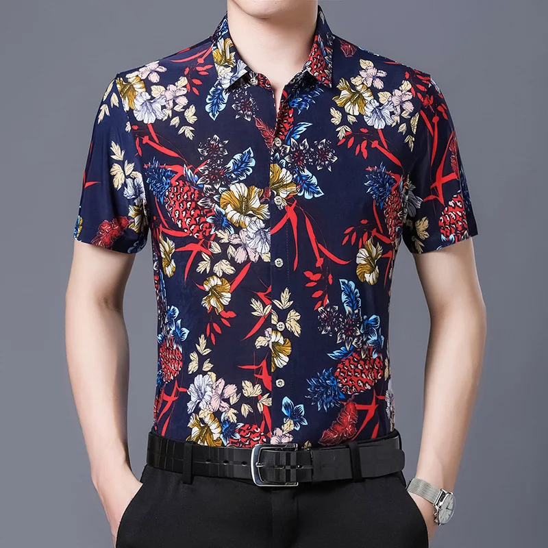 

2021 Summer Men's High-end Ice Silk Short-sleeved Flower Shirt Non-iron Floral Shirt Men's Loose Camisas Para Hombre