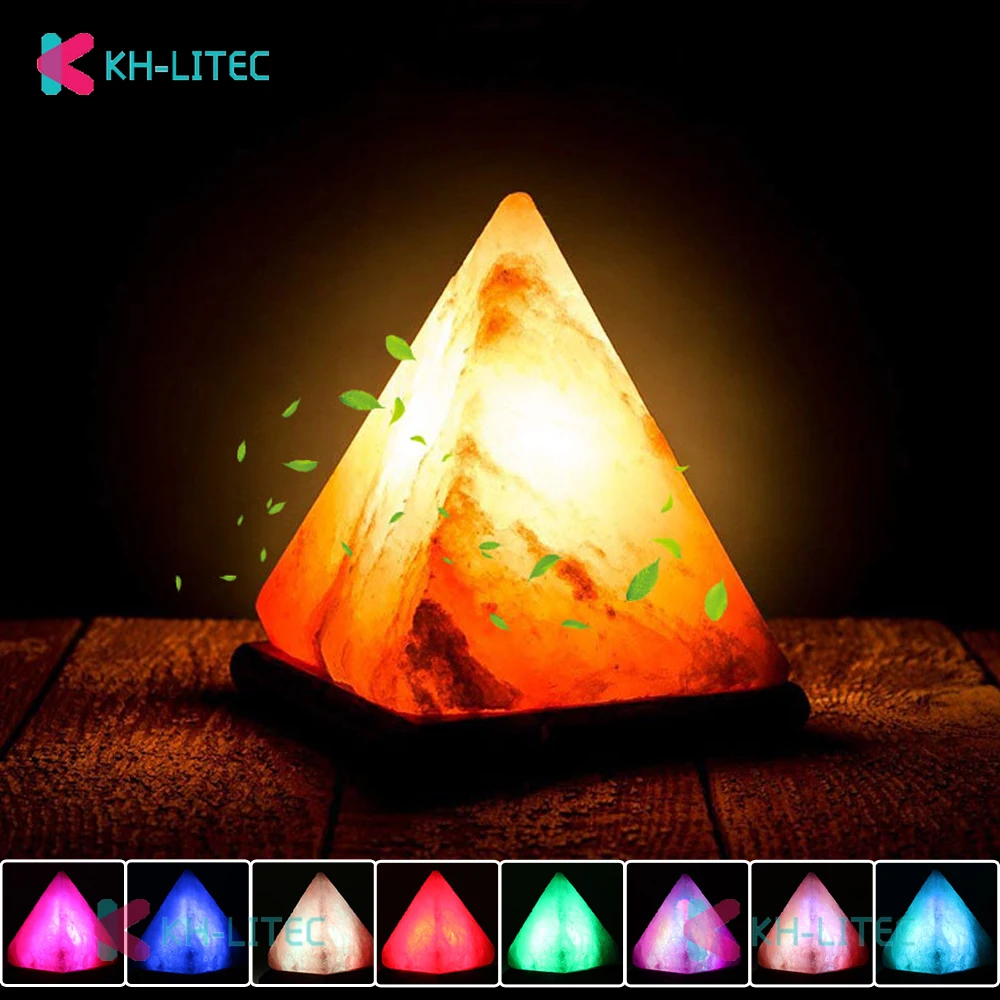 KHLITEC-Lámpara de sal triangular USB, purificador tallado a mano, luz nocturna, Base de madera del Himalaya, colorida, cristal Natural, roca