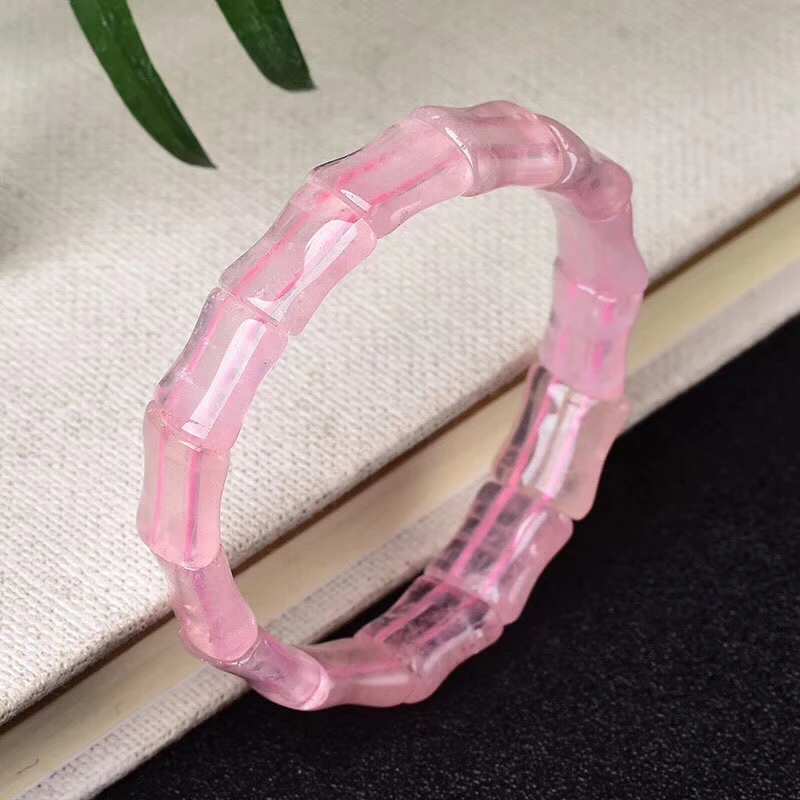 

Natural Rose Quartz Pink Bracelet Rectangle Stretch Woman Men 13x12mm Bamboo Rectangle Beads Crystal AAAAA