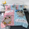 BlessLiving Owl Quilt Set Blue Pink Thin Comforter Cartoon Summer Bedding Twins Air-conditioning Duvet Boy And Girl Home Decor 1
