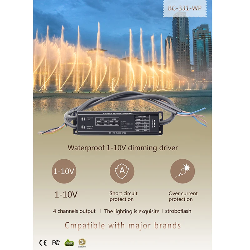 

Bincolor Waterproof 1-10V Dimming Driver 5A*4CH LED Controller DC12V 24V Signal 1-10V Input PWM Output for LED Strip BC-331-WP