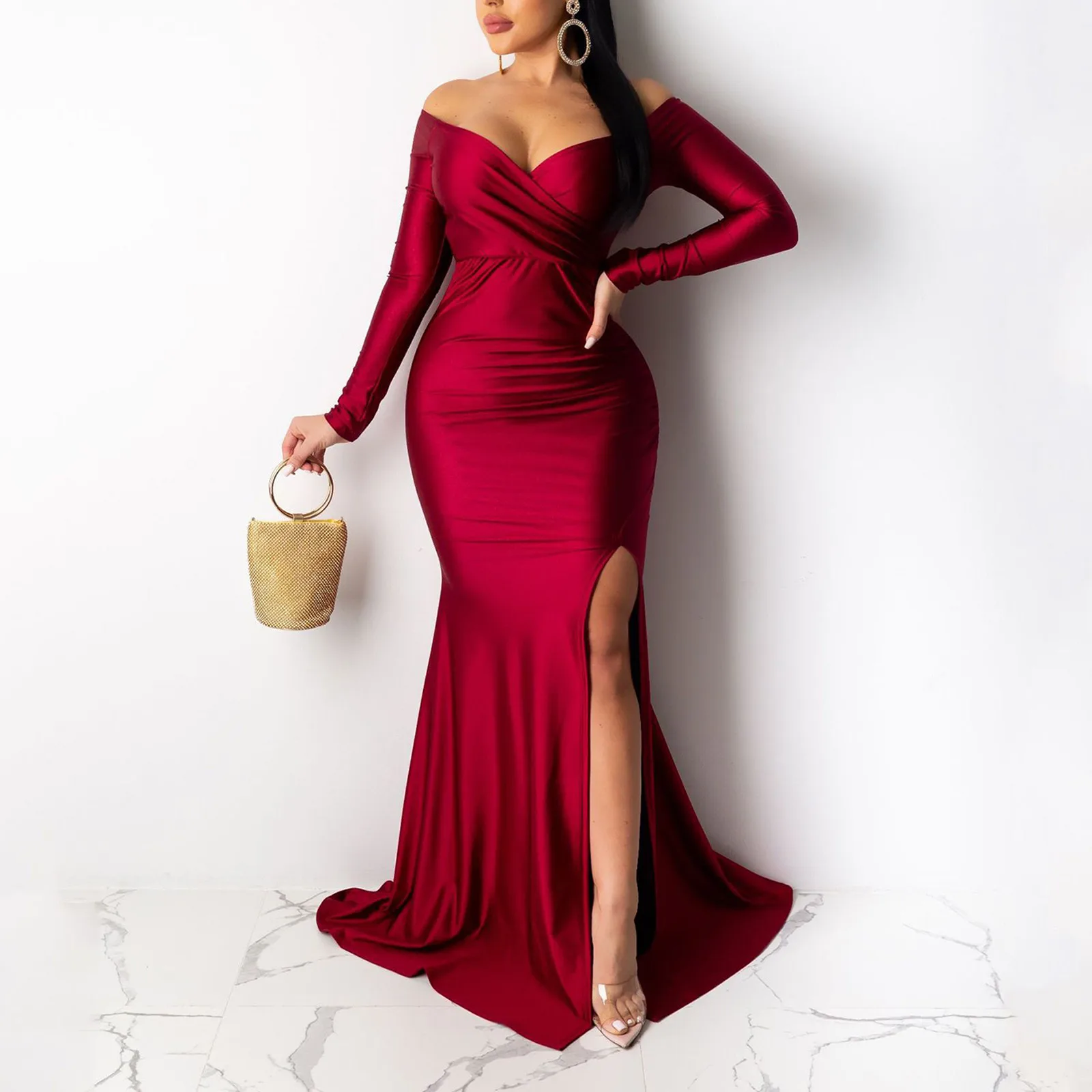 

Womens Long Maxi Dress Off Shoulder Backless Evening Party Dress Stylish Chic Wrap Hip Bodycon High Split Sexy Dresses Vestido