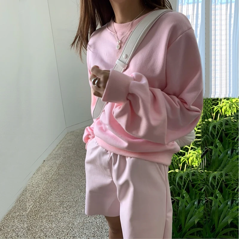 

2021 Harajuku Korean Fashion Kawaii Tops Pink Sweet Hoodies Sweatshirts Women O-Neck Long Sleeve Loose Casual Pullovers Autumn