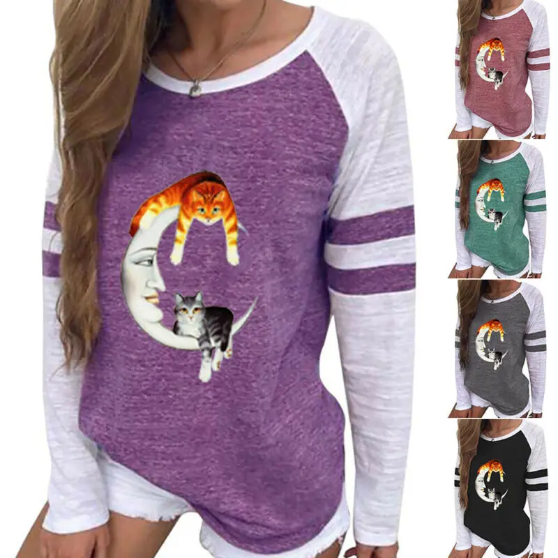 

Женская блузка с круглым вырезом, с принтом кошек и Луны