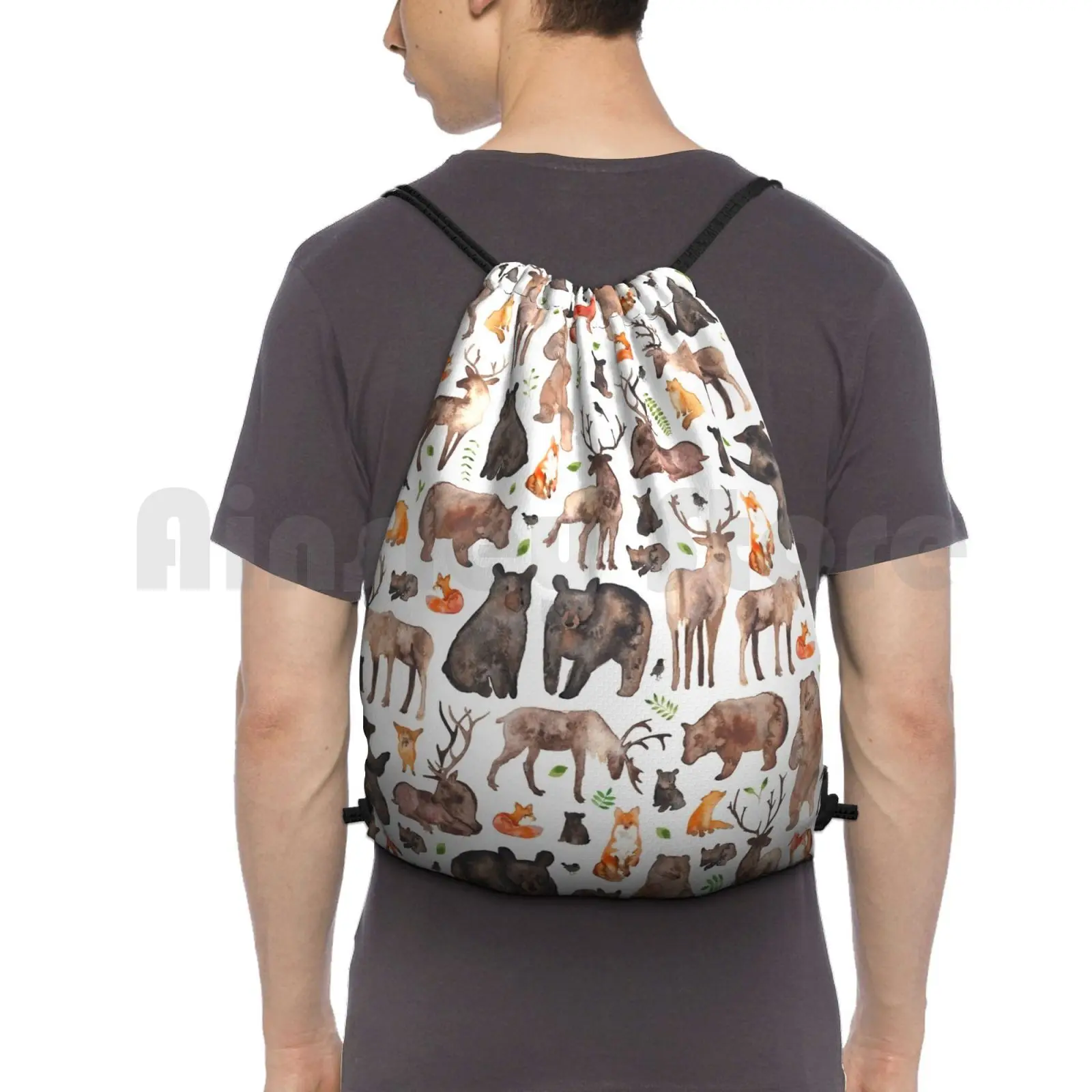 

Woodland Animals Backpack Drawstring Bags Gym Bag Waterproof Woodland Forest Animals Fox Bear Deer Birds Watercolour