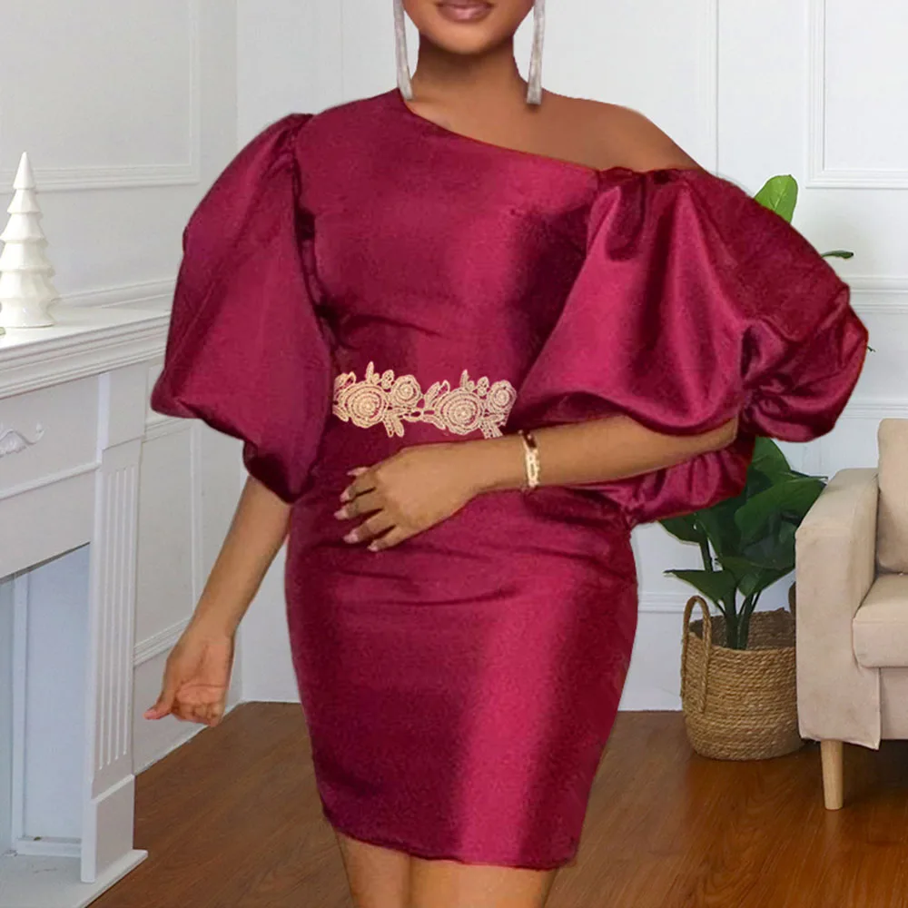 Женское платье с высокой талией однотонное в западном стиле рукавами-фонариками