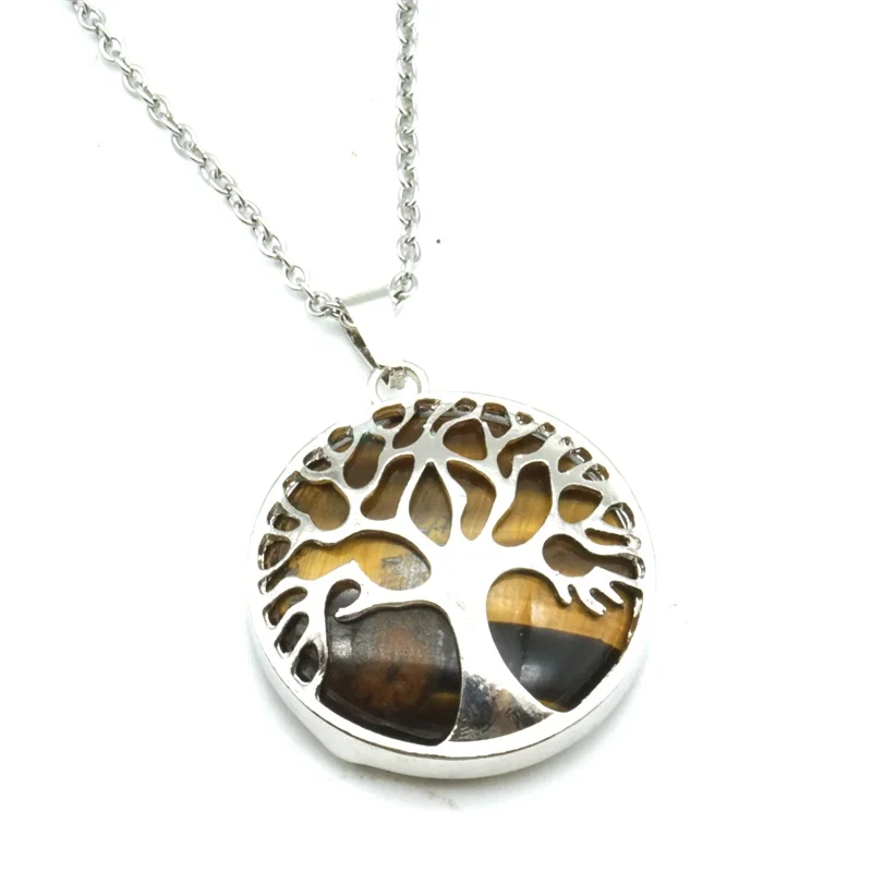 tiger eye stone 12 цветов Дерево жизни ожерелья Круглый натуральный каменный розовый кварц белый кристалл лазурит тигровый глаз Опал Подвески ювелирные изделия - Окраска металла: tiger eye stone