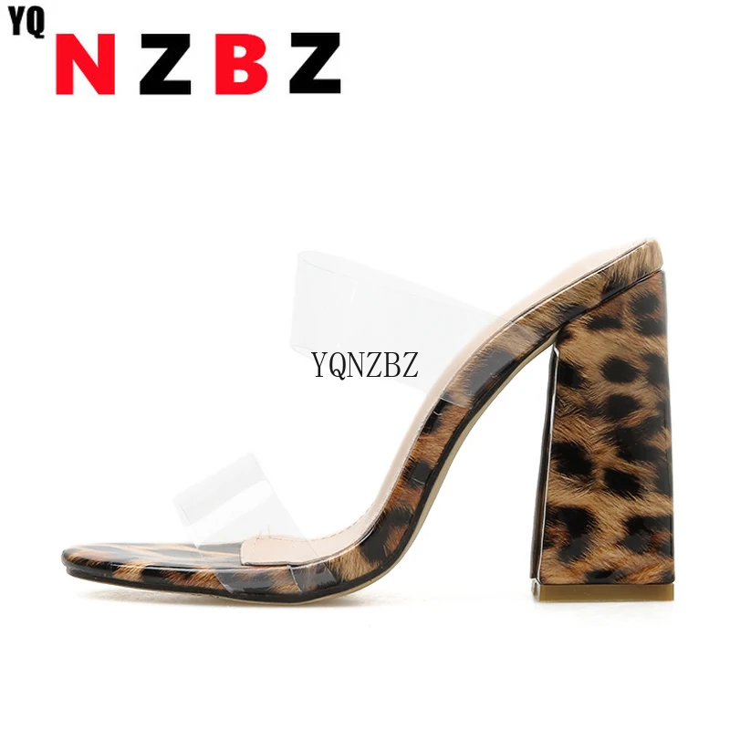 

YQNZBZ 2021 Summer Square High Heels Mules Women Slippers PVC Transparent Slides Casual Slippers Shoes size 35-42