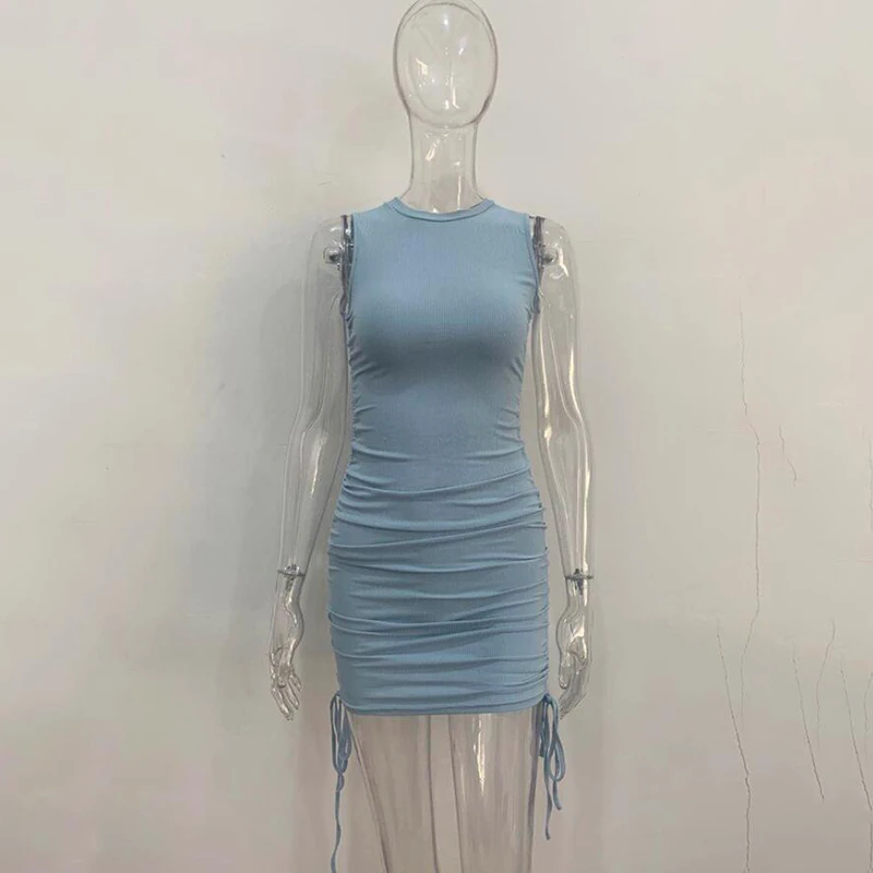 

Women Mini Dress Round Neck Sexy Party Drawstring Knit Club Tank Dress Bodycon Short Women's Summer Ribbed Dresses