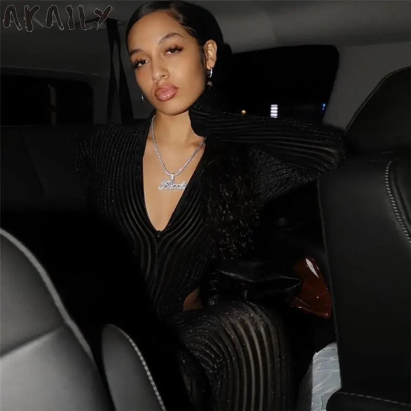 

Akaily летний черный полосатый сетчатый Ажурный комбинезон для женщин с V-образным вырезом на молнии с длинным рукавом Облегающий комбинезон Ж...