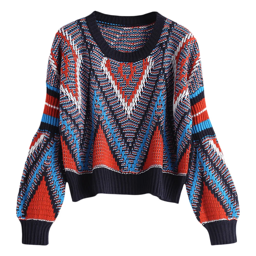 ZAFUL Loose Geometric Graphic Sweater Crew Neck Long Sleeve Women Casual Sweaters Cotton Pullovers Tops Autumn Winter | Женская одежда