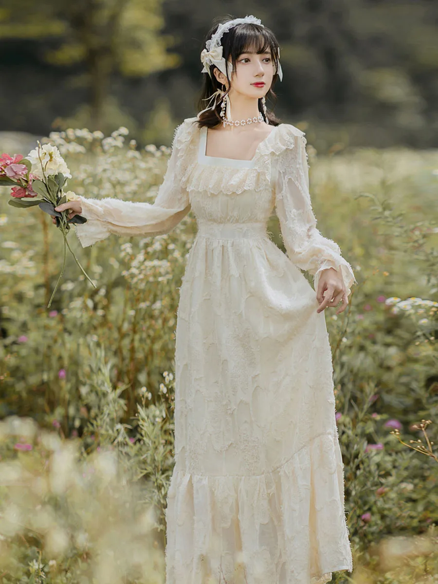 

Women Mori Girl Lace Dress Vintage Square Collar Flare Sleeve Beige Fairy Dresses Retro Princess Slim Lady Vestidos Fiesta