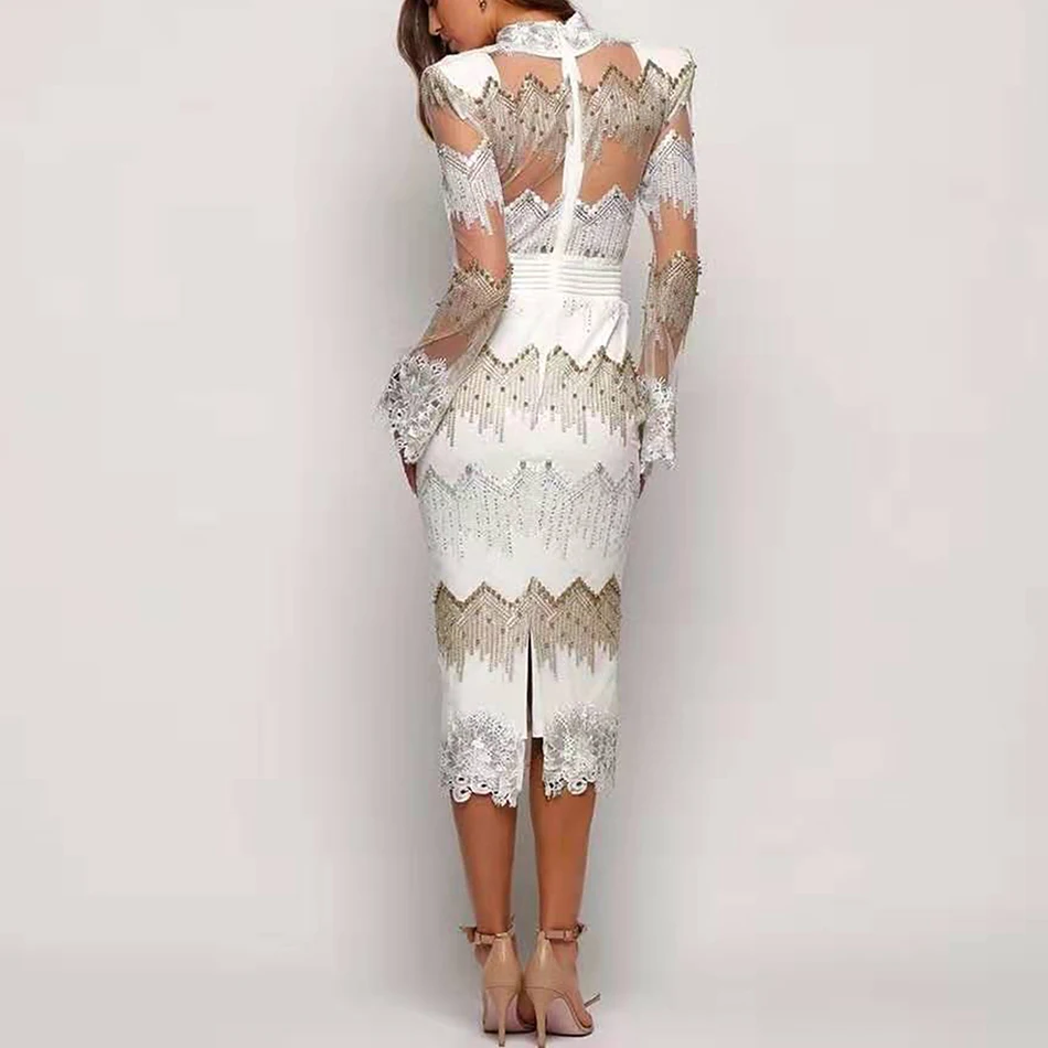 2019 осеннее Новое Женское модное сексуальное Белое лоскутное платье с бусинами и